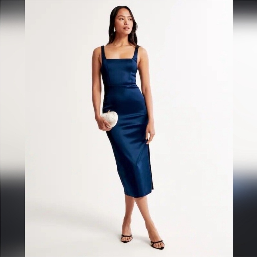 Abercrombie & Fitch Satin Navy Blue Midi Sheath Dress